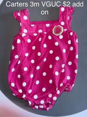 Carter's Hot Pink with White Polka Dot Baby Romper with Crochet Flower
